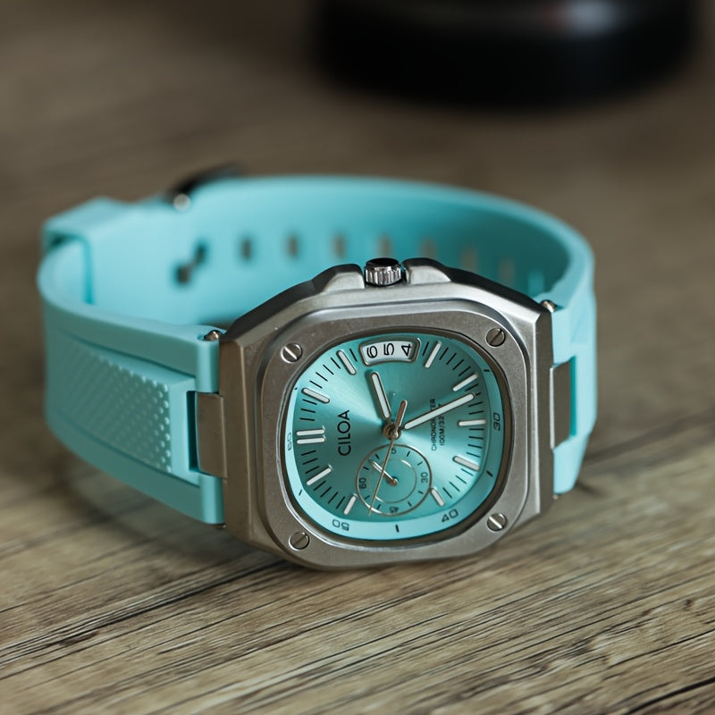 2025 New Square Dial Men'S Sport Watch - Premium Brand, Stainless Steel Case & Rubber Strap, Quartz Movement