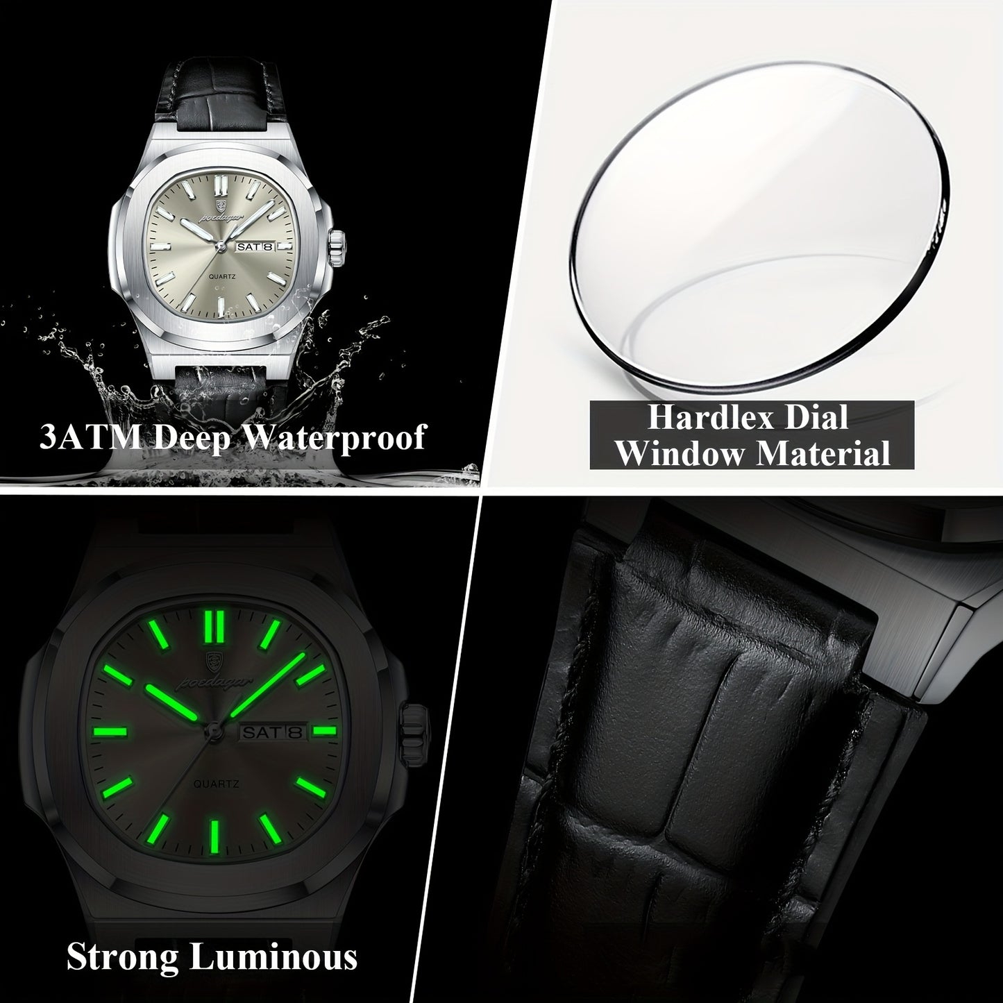 POEDAGAR 2025 new luminous calendar stainless steel square quartz wristwatch fashion trend leisure elegant simple ladies watch.