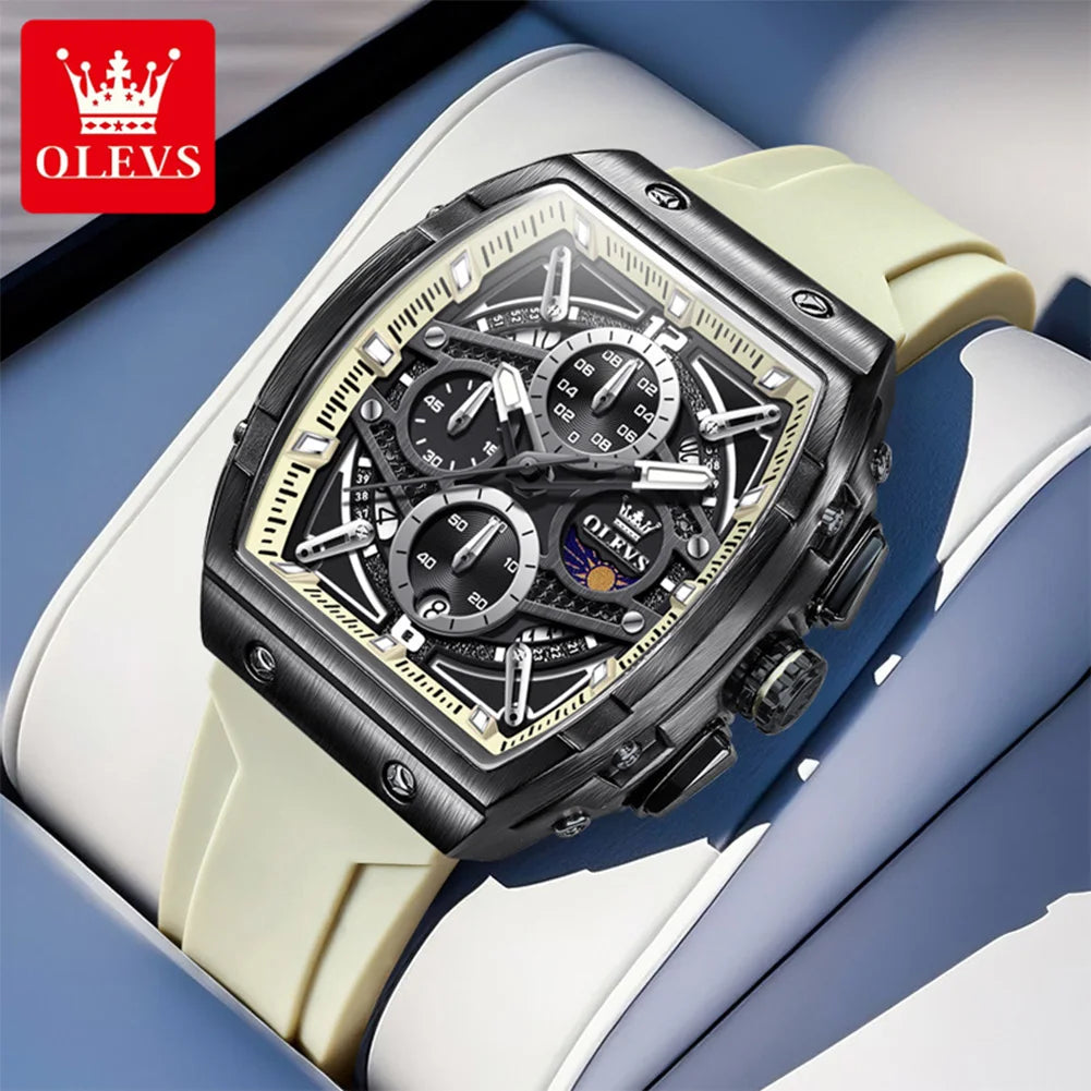 OLEVS 2975 Leisure Fashion Moon Phase Men's Watches Waterproof Luminous Silicone Strap Quartz Watch for Man Chronograph Watch