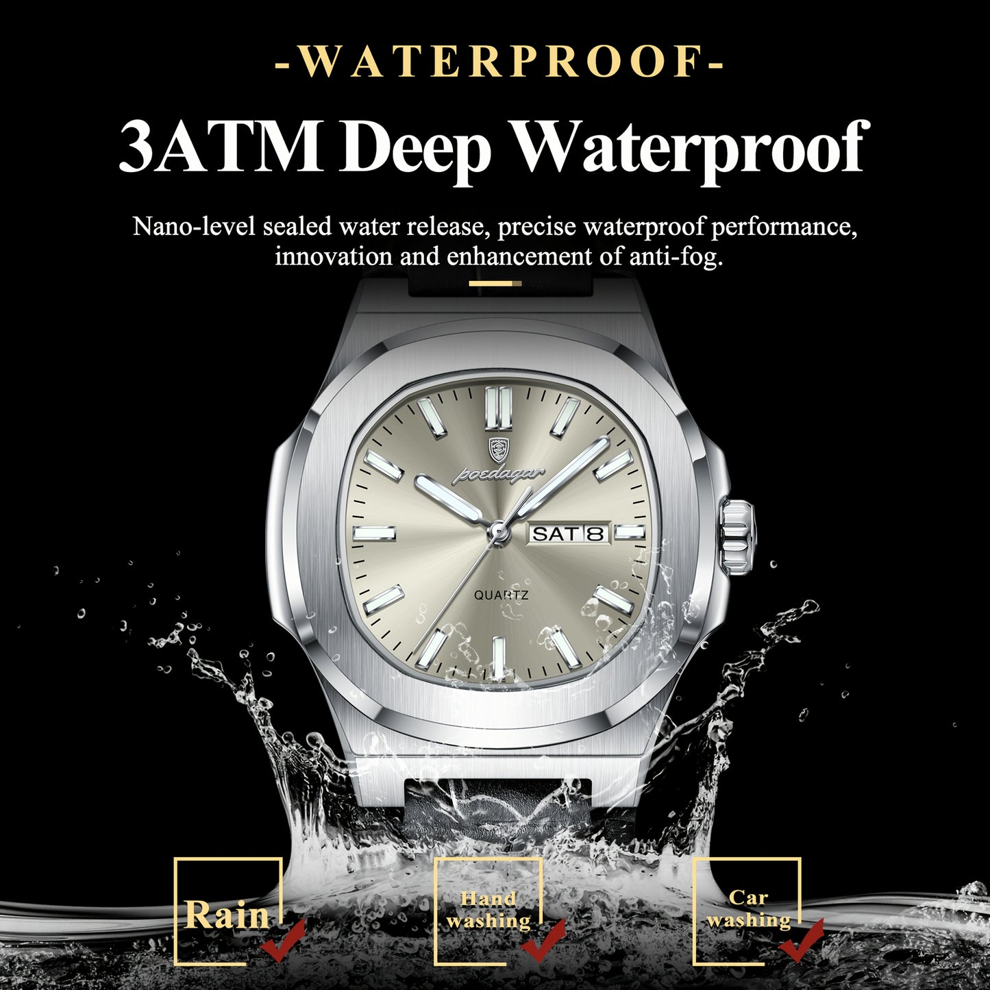 POEDAGAR 2025 new luminous calendar stainless steel square quartz wristwatch fashion trend leisure elegant simple ladies watch.