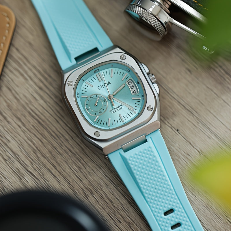 2025 New Square Dial Men'S Sport Watch - Premium Brand, Stainless Steel Case & Rubber Strap, Quartz Movement