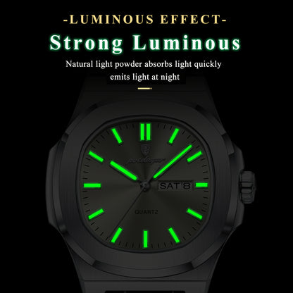 POEDAGAR 2025 new luminous calendar stainless steel square quartz wristwatch fashion trend leisure elegant simple ladies watch.